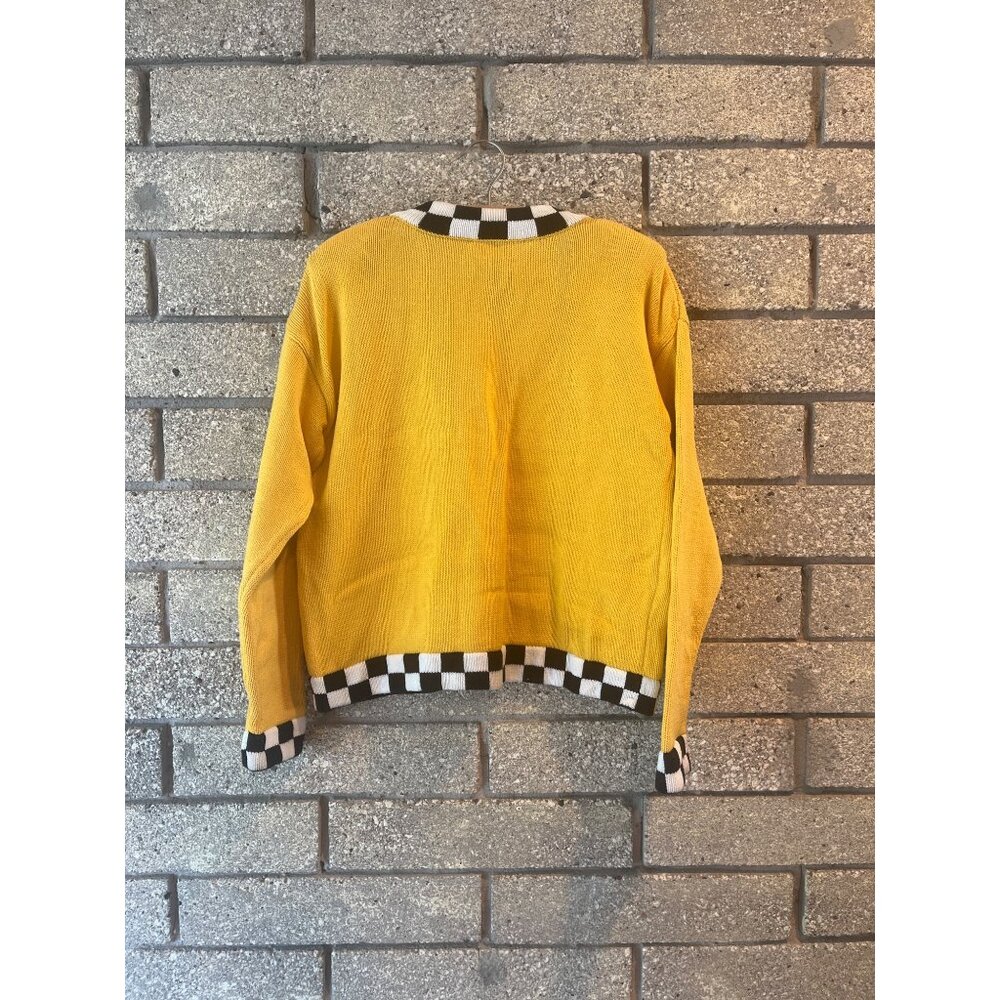 Coldwater Creek Yellow Knit Zip Cardigan With Taxi Charm & Checkerboard Trim M T - Picture 5 of 6